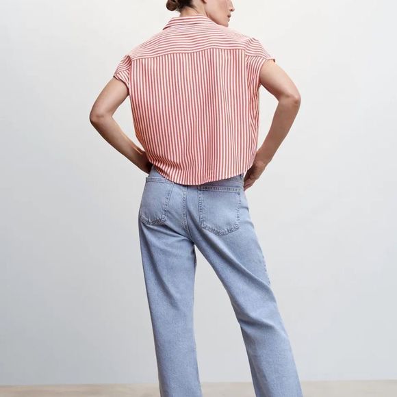Mango Red and White Striped Button Down Shirt - Picture 2 of 7